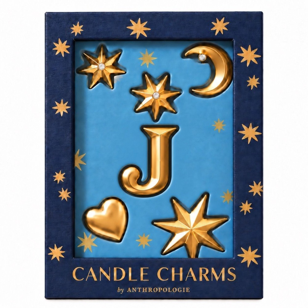 Anthropologie J Monogram Celestial Candle Charms Gold Star Moon Heart Set NWT